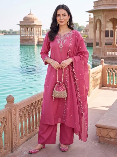 Image of INDO ERA Women's Silk Blend Floral Embroidered Thread Work Kurta & Pant with Dupatta Set (IEBBAI438)