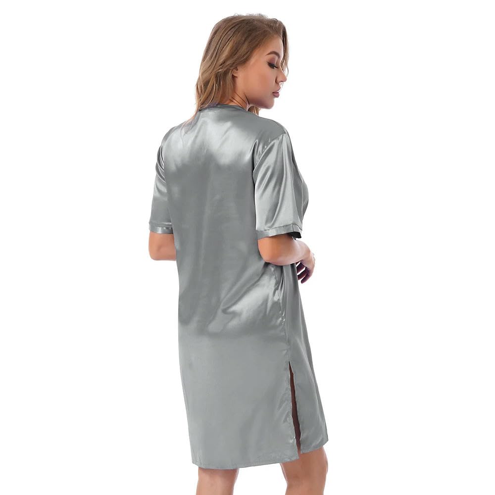 GLDFW - Camicia da notte da donna in raso, a maniche corte, con scollo a V, camicia da notte in raso, abbigliamento da notte con spacchi laterali