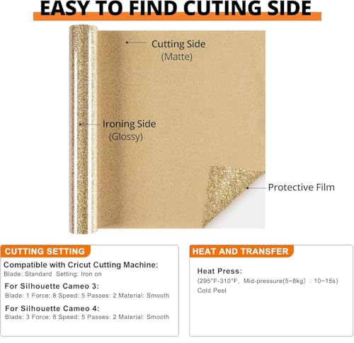 Image of HTVRONT Champagne Glitter HTV Vinyl - 10 inch x 8ft Light Gold Glitter Heat Transfer Vinyl for T Shirts, Champagne Glitter Iron on Vinyl Compatible with Cricut Cutting Machine (Champagne Gold)