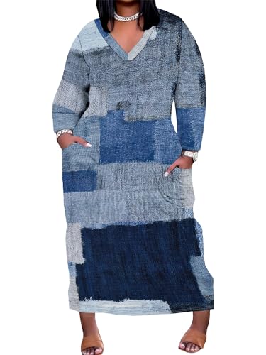 Image of SUZONANA Plus Size Denim Print Maxi Dresses for Women Casual V Neck Short Sleeve with Pockets Soft Jean Look Dress XL-6XL