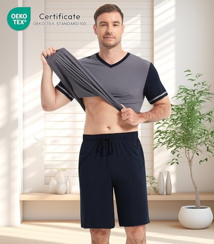 Image of NACHILA Men's Pajamas Set-Viscose Made from Bamboo, Short Sleeve Sleepwear with Shorts Cool Loungewear Soft Pjs
