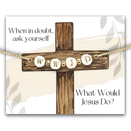 What Would Jesus Do Bracelet, Dainty WWJD Jewelry, Christian Gifts for Women, Cross Bracelet Box, Religious & Spiritual Catholic Gifts for Women, Shell Beads & Gold-Plated Accents, Adjustable