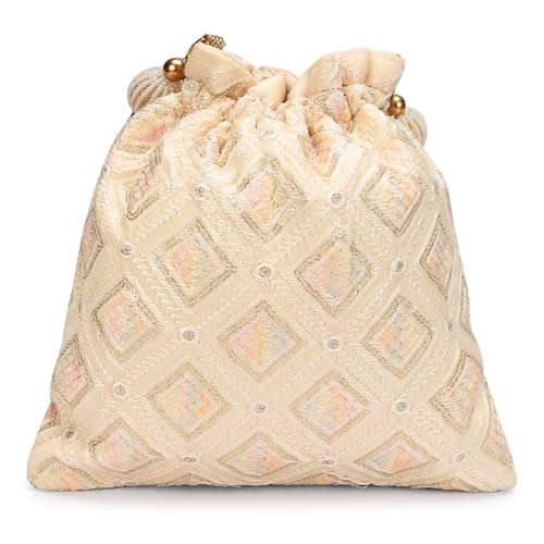 Image of LONGING TO BUY Indian Embroidered Pearl Potli Bag For Women, Sequence Design with Tassel, Wedding Potli Bags