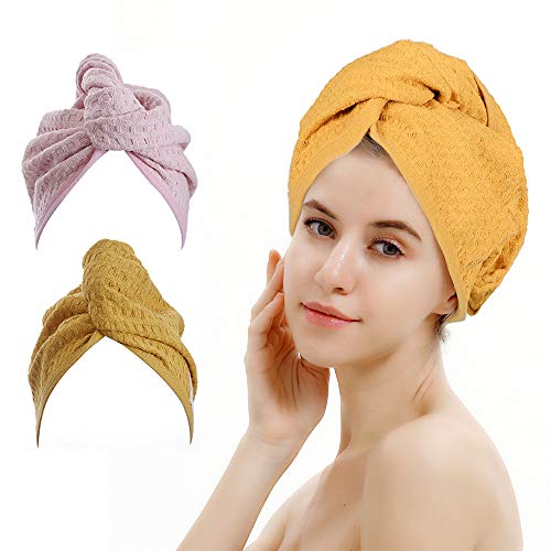 2 Pack Waffle Hair Drying Towel,Hair Towel Wrap,Hair Towel Turban to Dry Your Hair More Quicker,Lightweight and Absorbent (Pink &Yellow)