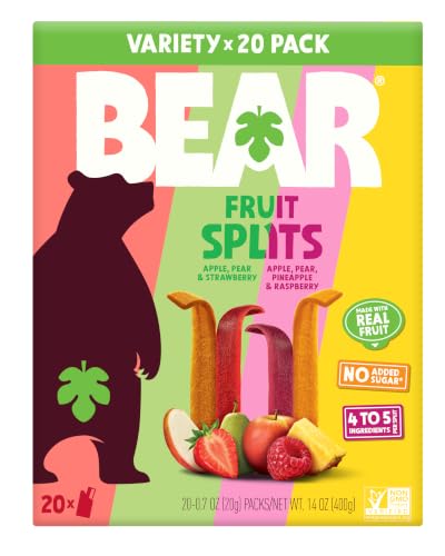 BEAR Real Fruit Snack Splits - Gluten Free, Vegan, and Non-GMO - Variety Pack (Apple/Strawberry, Raspberry/Pineapple)– Healthy School And Lunch Snacks For Kids And Adults, 0.7 Ounce (Pack of 20)
