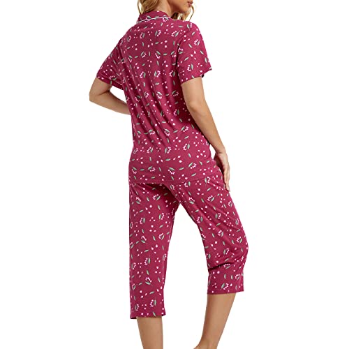 Image of Tugege Capri Pajamas Set Womens Button Down Short Sleeve Lounge Sets Sleepwear Notch Collar Top & Capri 2 Piece PJ Sets