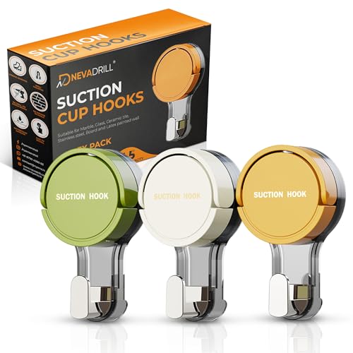 Image of Vacuum Suction Hooks with Adhesive Base, Lever Lock Wall Hooks, No Drill Stainless Steel Hook for Bathroom & Kitchen, Strong Hold for Tiles, Glass & Mirrors, Pack of 3 (PJ-1789)