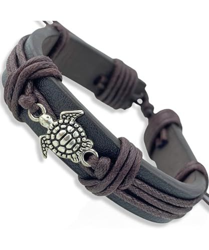 Men's Leather Wrap Turtle Bracelet, Adjustable Sizing for Men and Teenagers, Sea Turtles Charm