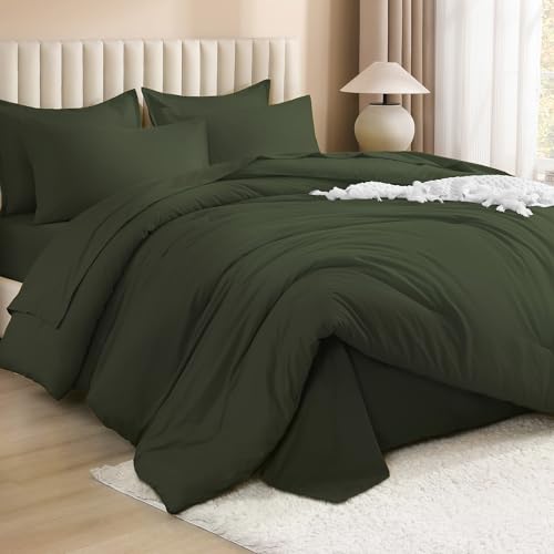 Image of Litanika Comforter Full Size Set Olive Green - 7 Pieces Bed in a Bag Full Bedding Comforter Sets, Plain Lightweight Bed Set with Comforter, Sheets, Pillowcases & Shams