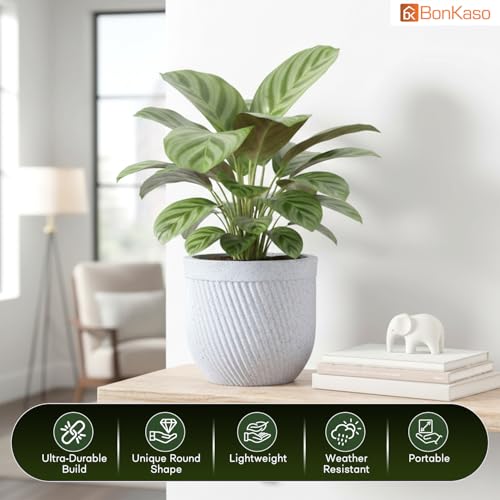 Image of Bonkaso 12 Inch Seltos Ribbed Planter for Indoor & Outdoor Use | Round Heavy Duty Polymer Flower Pot | Lightweight Weather Resistant Modern Gamla for Living Room Balcony & Terrace (White)