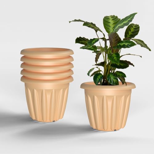 Image of YUCCABE ITALIA SHERA Floot Plastic Flower Pot Round Planter Suitable for Indoor Outdoor Kitchen Garden (Beige, 12 INCH - 6 Pcs)