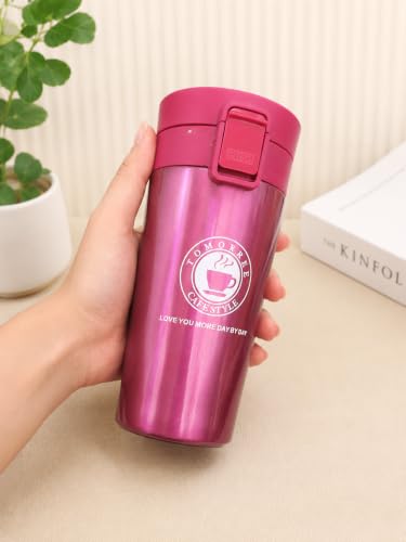 Image of 350ml Stainless Steel Travel Coffee Mug - Double Wall Vacuum Insulated Thermal Tumbler with Leakproof Flip Lid | Hot & Cold Coffee Cup for Office, Travel & Car (Pink)