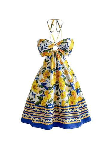 Image of Floerns Women's Floral Halter Neck Vacation Dress Sleeveless Cut Out Boho Cami Dress