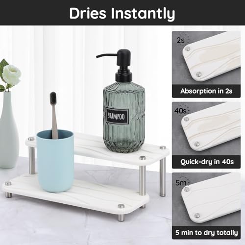 Image of Segbeauty 2 Tier Fast Dry Diatomaceous Vanity Tray, 11x4.3in Water Absorbing Stone Drying Tray, Quick Drying Bathroom Counter Dish Soap Dispenser Rack, Kitchen Counter Sink Organizer Sponge Holder