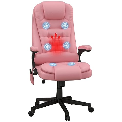 Image of HOMCOM High Back Vibration Massage Office Chair with 6 Vibration Points, Heated Reclining PU Leather Computer Chair with Armrest and Remote, Pink