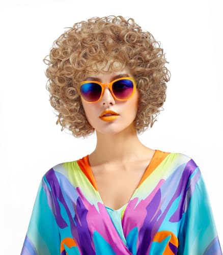 Image of Women's short curly wig, 70s disco style afro wig, wig for Halloween cosplay and parties (Strawberry Blonde)