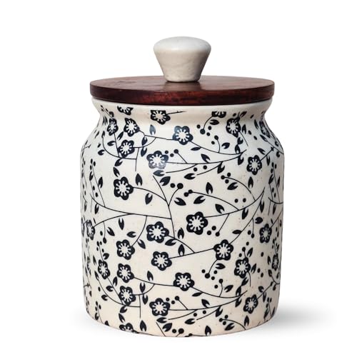 Image of Vistas 'Heritage Black' Airtight 420ml Set of 1 Ceramic Jar for Kitchen Storage | Handcrafted Ceramic Barni with Wooden Lid | Multipurpose Pickle, Spice & Salt Container