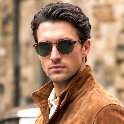 Image of CARFIA Vintage Round Polarized Sunglasses for Men Handcrafted Acetate Frame
