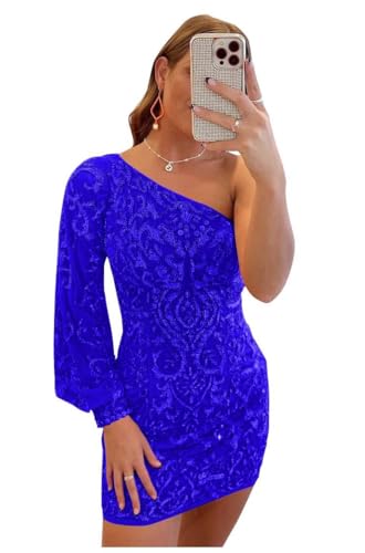 Sparkly Sequin Lace Homecoming Dresses for Teens Puffy Sleeve One Shoulder Mini Prom Cocktail Gown