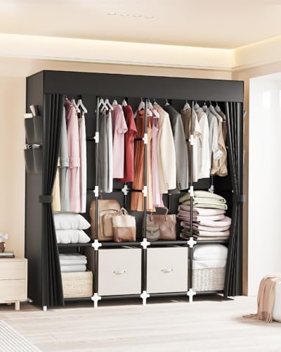 Mavivegue Kleiderschrank Stoff, 170 * 42 * 170 cm, Stoffschrank mit 4 Kleiderstange Stabil & 8 Fächern, Faltbarer Kleiderschrank, für Schlafzimmer und Wohnzimmer（Schwarz）