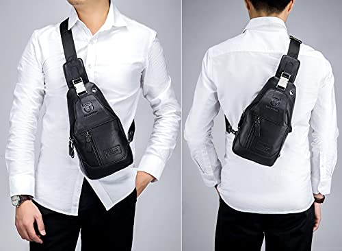 Bullcaptain Genuine Leather Men's Sling Shoulder Backpack Multi-Pocket Crossbody Chest Bags Travel Hiking Daypack With Earphone Hole (Black) #TOP4
