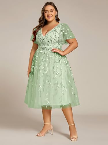 Image of Ever-Pretty Womens Embroidered Tulle Plus Size Cocktail Evening Party Dress A-Line Midi Wedding Guest Dresses for Curvy Women
