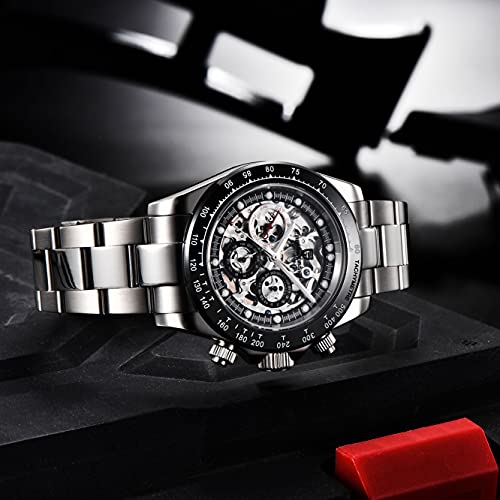 HaiQin Pagani Design 1653 Skeleton Automatic Watches for Men, Diamond Bezel Stainless Steel 100M Waterproof Self Winding Stylish Casual Wrist Watch - Image 4