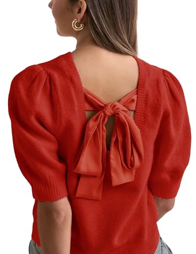 Lentta Women's Bow Knit Sweater Trendy Backless Tie Puff Short Sleeve Crewneck Knitted Pullover Tops3