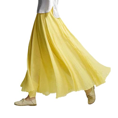 Giltpeak Linen Maxi Skirt, Women's Bohemian Flowy Elastic Waist Band Cotton Linen Long Maxi Skirt Dress