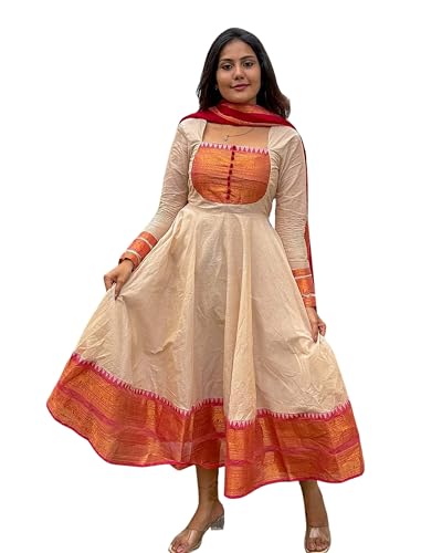 Image of Chanderi Cotton Anarkali Dress Set with Jacquard Weaving and Zari Border, Traditional Indian Ethnic Wear Gown for Weddings, Festivals, and Special Occasions