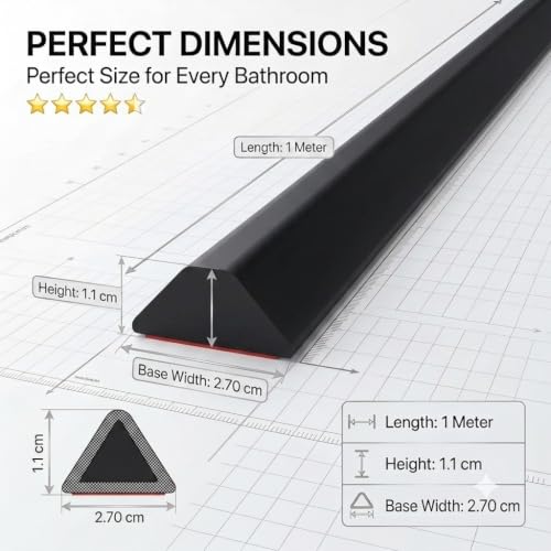Image of Silicone Shower Water Dam Barrier 1 Metre, Self Adhesive Water Stopper Strip for Bathroom, Shower Door, Kitchen Sink & Countertop, Flexible Collapsible Water Retaining Threshold, Black
