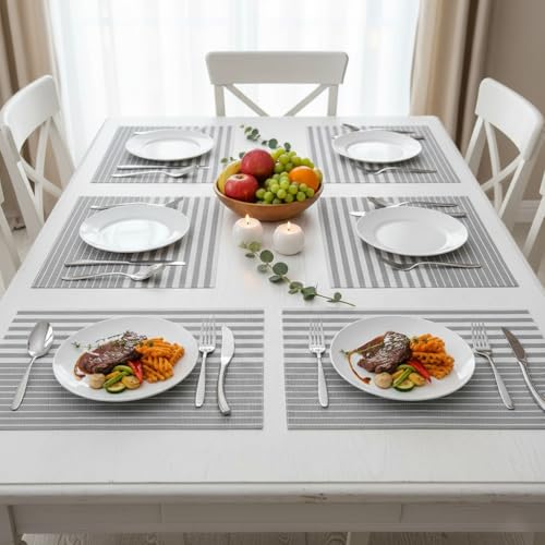 Image of YELONA Dining Table Placemats Set of 6 - Heat-Resistant, Non-Slip, Washable & Stain Resistant Woven PVC Vinyl Table Mats for Kitchen & Dining - 45 x 30 cm, PeachGrey & White