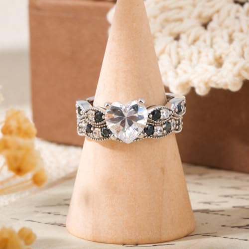 Image of Jeulia 3 Carat CZ Solitaire Engagement Rings Halo Milgrain Heart Cut Sterling Silver Ring Set Promise Engagement Wedding Anniversary Rings Bridal Sets for Women
