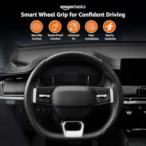 Image of amazon basics Car Steering Wheel Grip | Black | Carbon Fiber | Non Slip | Sweatproof and Anti-skidding