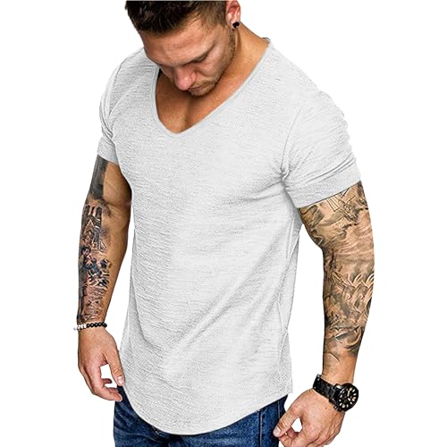 COOFANDY Men Fashion Hipster V Neck T Shirt Fit Training Cotton Tee Workout Bodybuilding Shirt White