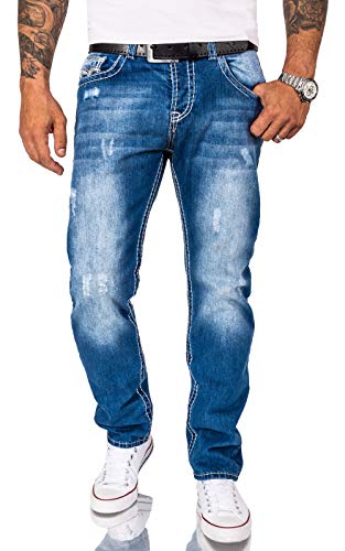 Rock Creek Herren Jeans Hose Comfort Fit Dicke Nähte Jeans Herrenjeans Herrenhose Denim Stonewashed Basic Weites Bein Raw RC-2268 Blau W36 L38