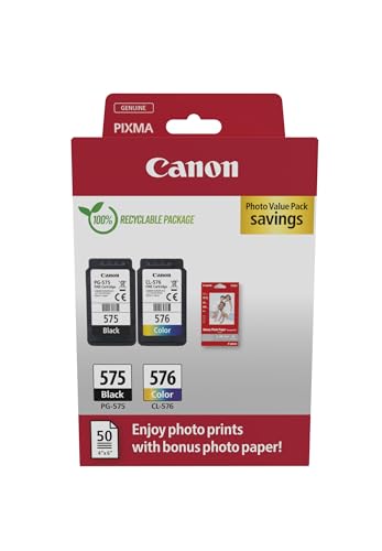 Canon Cartuchos de Tinta Originales PG 575 / CL 576, Paquete de 2 (1 Negro, 1 Color); Incluye 50 Hojas de Papel fotográfico de 4 x 6 Pulgadas, Paquete múltiple de cartón de Seguridad