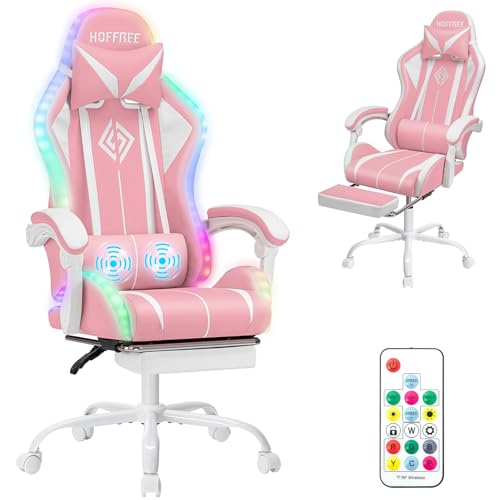 Image of HOFFREE Gaming Chair with LED RGB Lights with Massage and Footrest Ergonomic Computer Chair High Back Video Game Chair with Adjustable Lumbar Support Linkage Armrest Pink and White