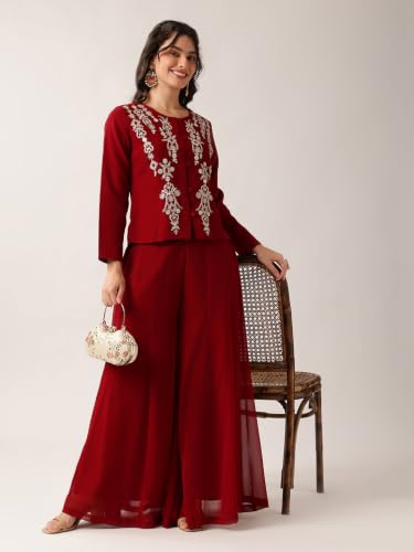 Image of Vbuyz Women Floral Embroidery Stylish A-Line Fandy Silk Kurta With Palazzo