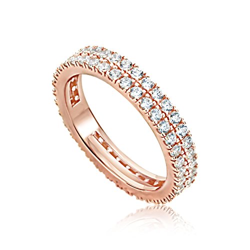 DoubleAccent 14K Rose Gold Plated Sterling Silver Ring Round CZ Stone High End 2 Row Stackable Eternity Ring (Size 5 to 9)