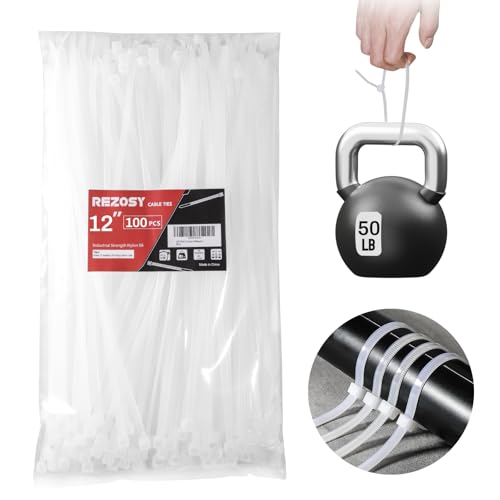 REZOSY White Zip Ties 12 Inch 100 Pack Clear Tensile Strength 50 lbs UV Resistant Industrial Cable Ties Self Locking Zipties Wire Ties Wrap Indoor Outdoor Use for Fence Garage Camping