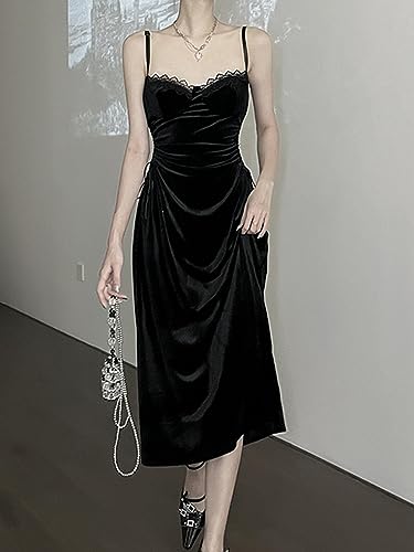 Vestido De Fiesta Gótico Vestido Negro Elegante A Media Pierna con Recortes Laterales para Mujer Vestido Largo De Noche De Año Nuevo De Terciopelo De Invierno De Calle-Negro-L