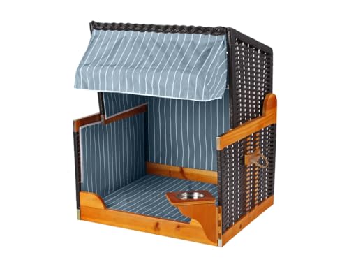 Woodtex Hundestrandkorb Kieferholz |Hundehütte anthrazit inkl. Schützhülle schwenkbarer Wasser-/Futternapf|Sonnenschutz Hunde und Katzen|Rattan Schwarz mit blau-weißen Nadelstreifen