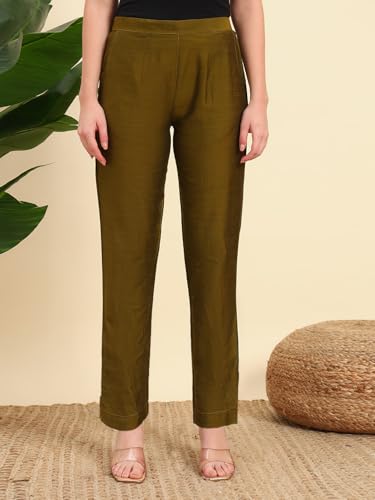 Image of Vogaan Women's Cotton Silk Pant | Half-Elasticated Waist Slim Fit Trouser for Women | Casual Pocket Pants for Office Formal Daily Use
