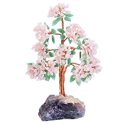 Top Plaza Crystal Stones Rose Quartz Tree Decor Wrapped on Natural Raw Fluorite Stone Base Home Desk Office Decoration Feng Shui Good Luck Bonsai Money Tree Business Gifts