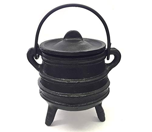 New Age Imports, Inc. Cast Iron Cauldron w/Handle & lid, Ideal for smudging, Incense Burning, Ritual Purpose, Decoration, Halloween Decoration, Candle Holder, etc. (Ribbed Style 4" High, 2.25" Dia)