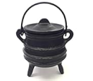 New Age Imports, Inc. Cast Iron Cauldron w/Handle & lid, Ideal for smudging, Incense Burning, Ritual Purpose, Decoration, Halloween Decoration, Candle Holder, etc. (Ribbed Style 4