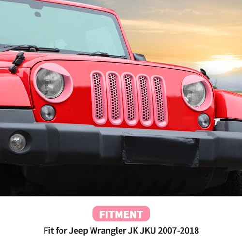Image of Mesh Grille Grill Insert+Headlight Turn Light Cover Trim Fit for 2007-2018 Jeep Wrangler JK JKU(Pink,Style A)
