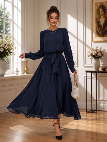 Image of LITZO Women's One Piece Dress - Georgette Solid Color Western Gown | Long Sleeve Round Neck Fit & Flare Flared Hem Design | A-Line Maxi Dress for Women | New Year Party Outfit (NO-14-16)
