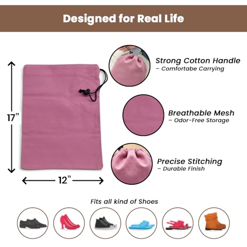 Image of LFH Cotton Rich Shoe Storage Bags with Drawstring, Dustproof Breathable Reusable Organizer, Perfect For Travel, Dorm, Hotel, College, Gym, Easy to Carry, Machine Washable 12 inchx17 inch (Pack of 2) - Pink